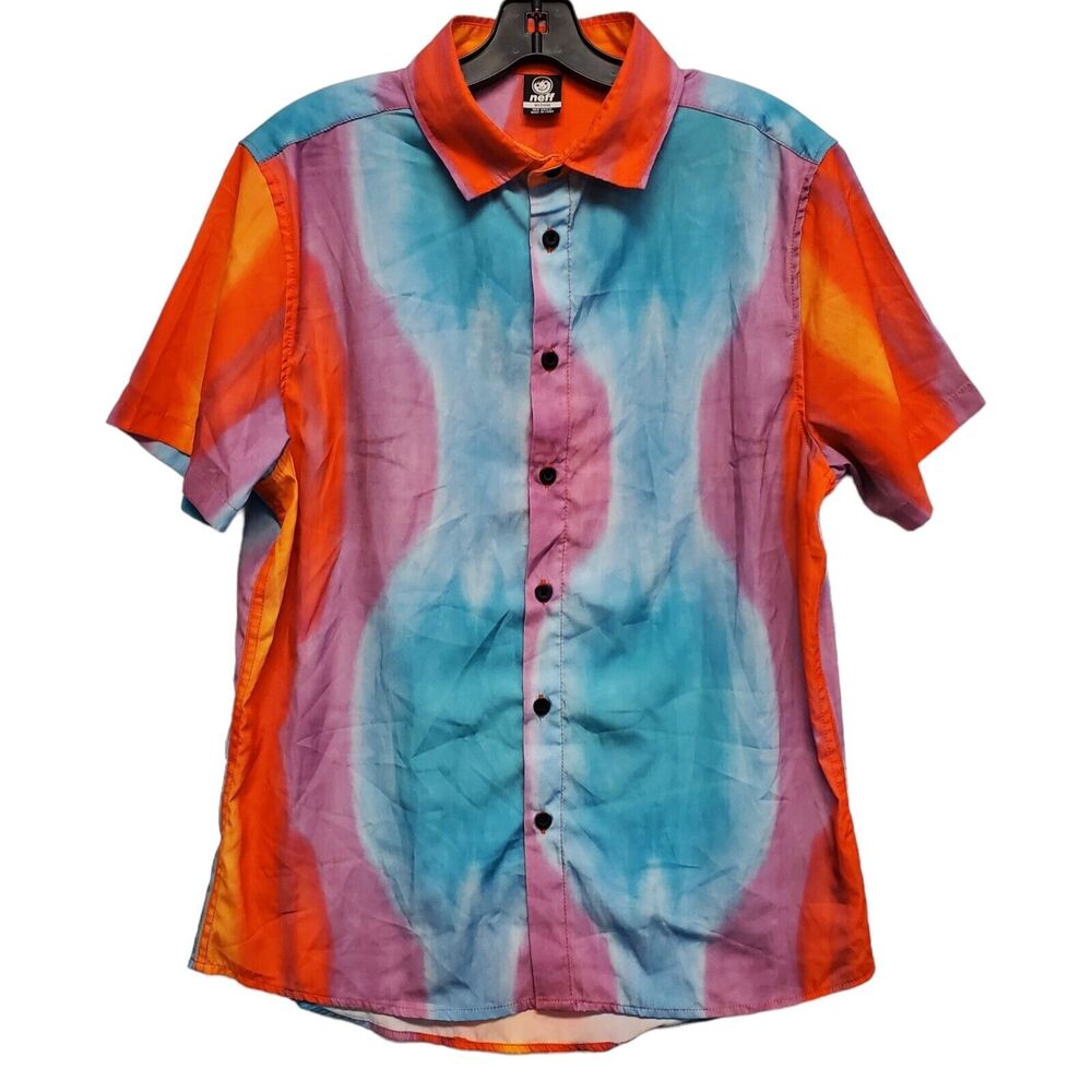 NEFF Shirt Mens Medium Blue Orange Geometric All Over Print Button Up Hawaiian